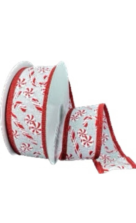 Wired White Irid Satin Peppermint and Candy Cane Ribbon- 1.5”x10 Yards