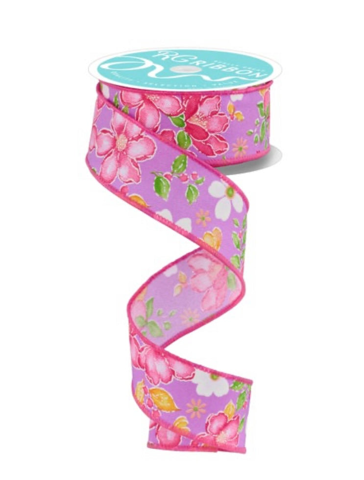 10 Yards - 1.5” Wired Spring Flowers on White Background Ribbon