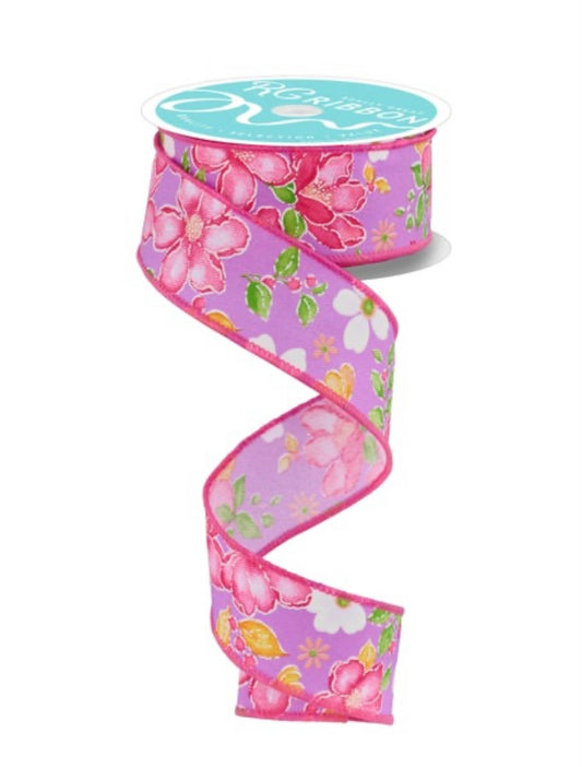 10 Yards - 1.5” Wired Spring Flowers on White Background Ribbon