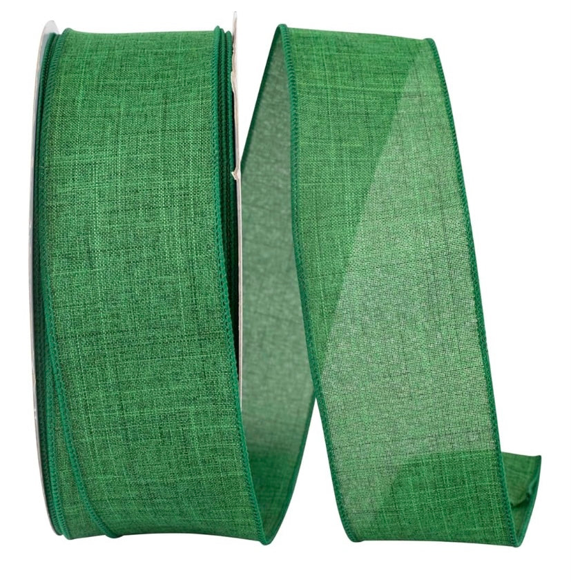 Wired Emerald Green Poly Linen Ribbon- 2.5”x50 Yards
