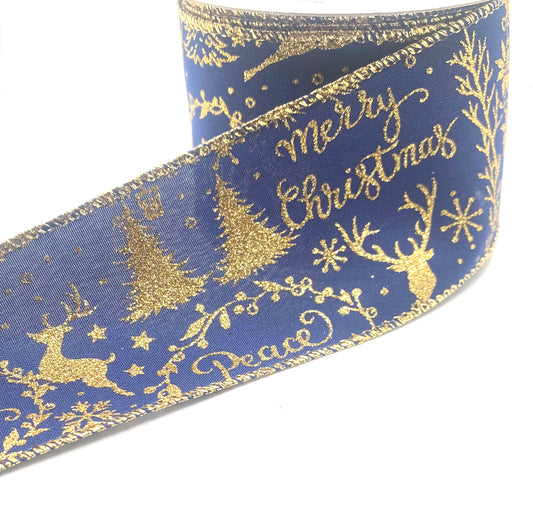 10 Yards - 2.5" Wired Navy Satin Gold Gold Christmas Script Icons Ribbon