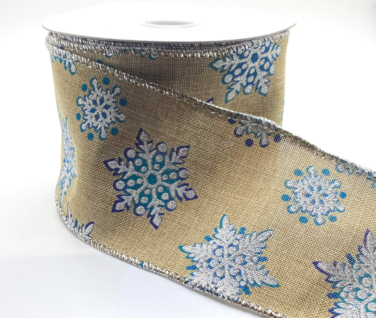 10 Yards - 2.5” Wired Natural and White Glitter Snowflake Ribbon