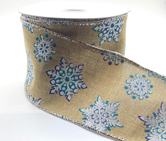 10 Yards - 2.5” Wired Natural and White Glitter Snowflake Ribbon