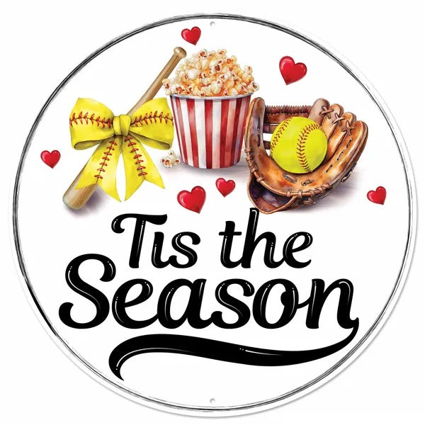 12” Round Metal Tis The Season Softball Wreath Sign