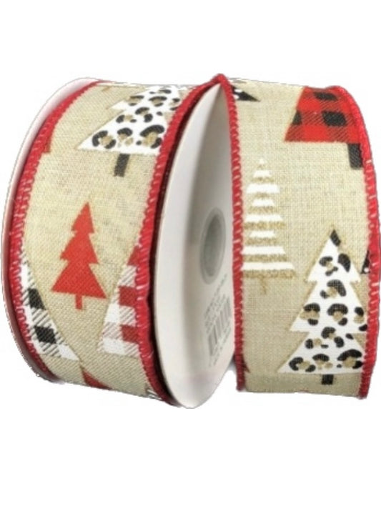 10 Yards - 1.5” Natural Background Patterned Christmas Tree Ribbon