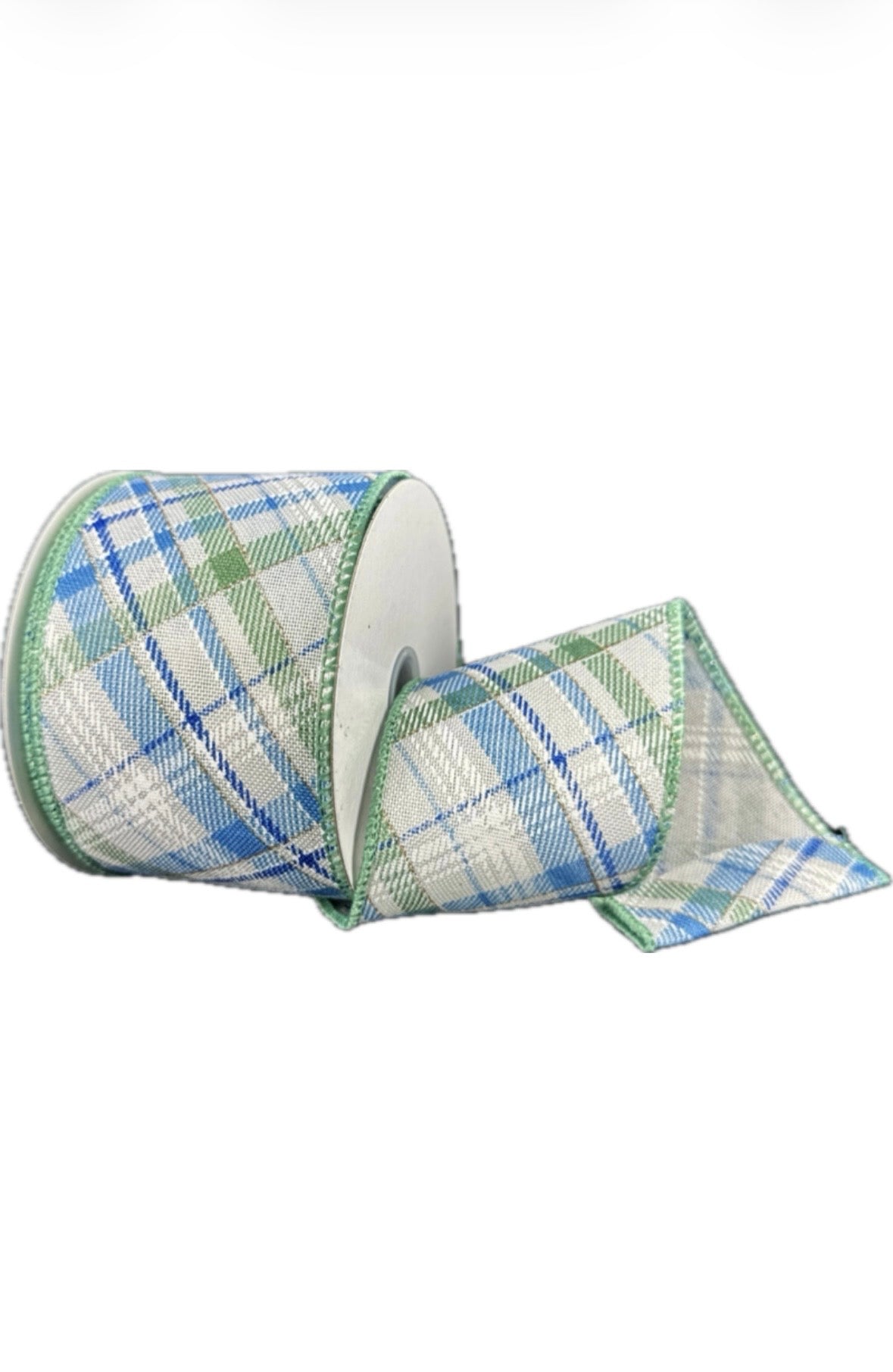 Wired Ivory Linen Blue Green Diagonal Print Plaid Ribbon-2.5”x10 Yards