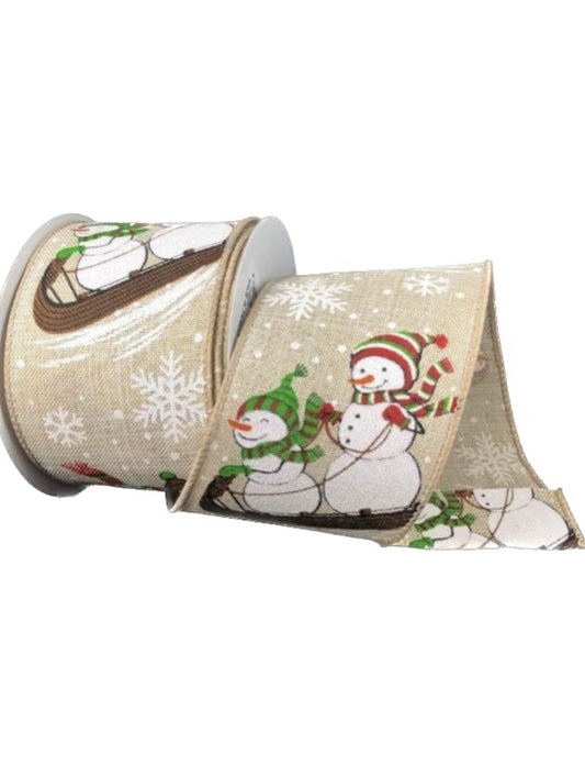10 Yards - 2.5” Wired Natural Background Snowmen Sledding Ribbon