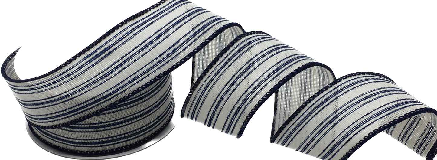 10 Yards - 1.5” Wired Navy Blue and White Striped Ribbon