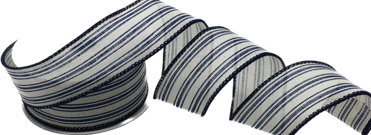 10 Yards - 1.5” Wired Navy Blue and White Striped Ribbon