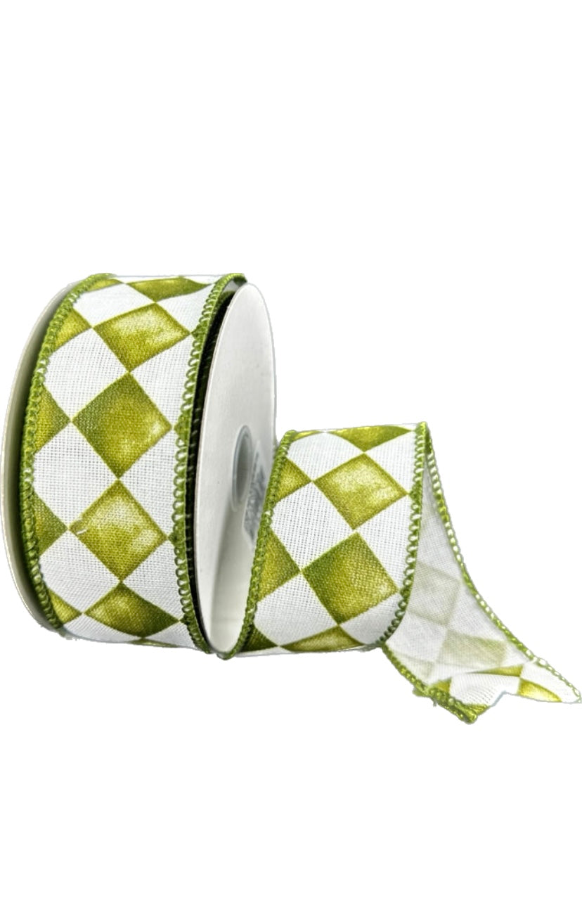 Wired Canvas Moss Tipsy Watercolor Check Ribbon- 1.5”x 10 Yards