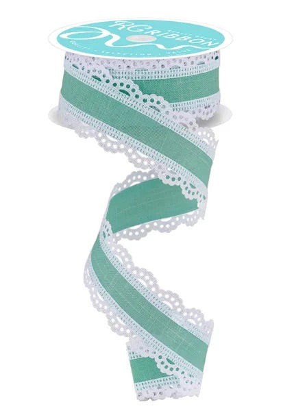 Wired Mint Green Ribbon with White Lace Detail-1.5”x10 Yards