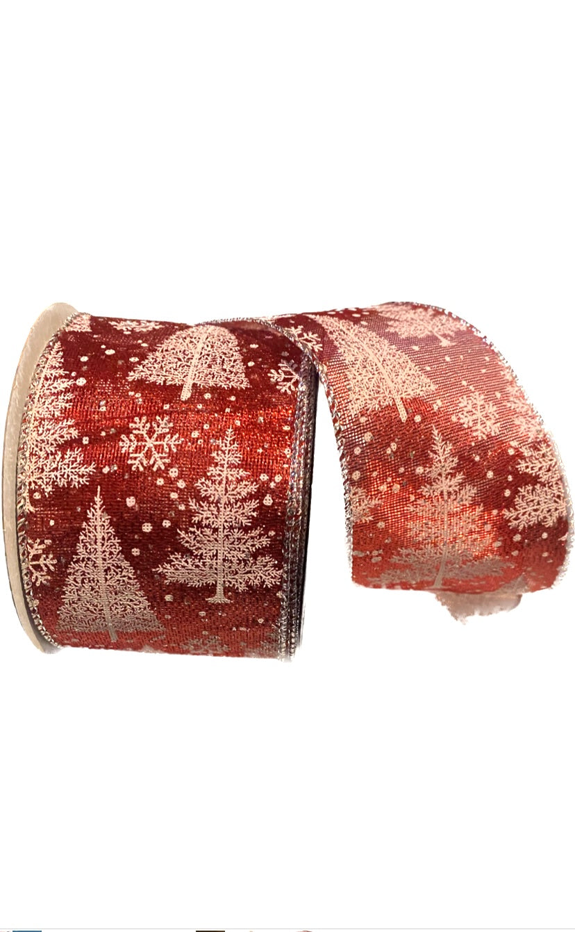 Wired White Pine Trees on Metallic Red Ribbon 2.5”x10 Yards