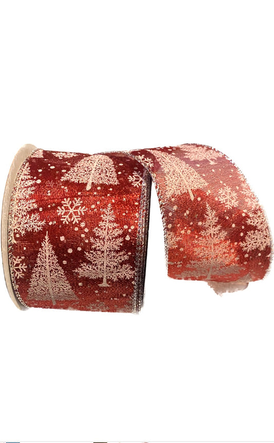 Wired White Pine Trees on Metallic Red Ribbon 2.5”x10 Yards