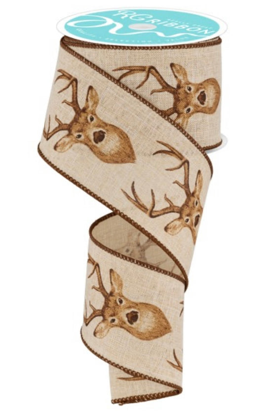 10 Yards - 2.5" Wired Natural Background Deer Ribbon