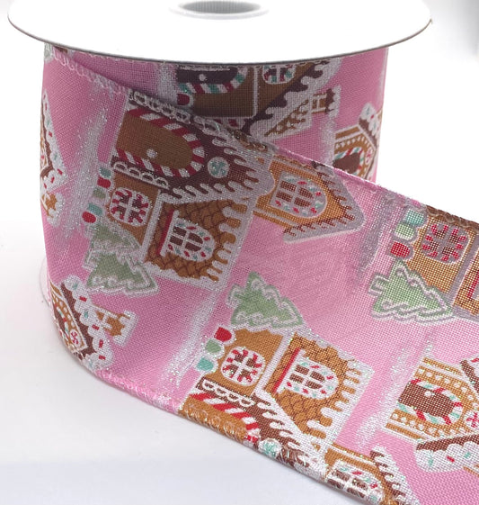 10 Yards - 2.5" Wired Gingerbread Houses Ribbon