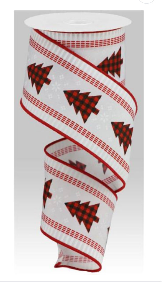 10 Yards - 2.5” White Background Black and Red Christmas Trees Ribbon