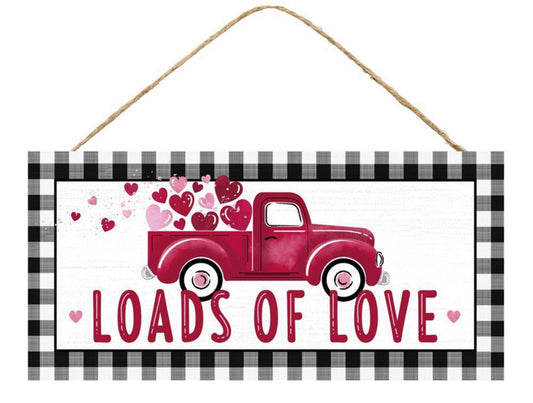 12.5”x6” Loads of Love Red Truck Valentines Day Wreath Sign with Black and White Check Edge