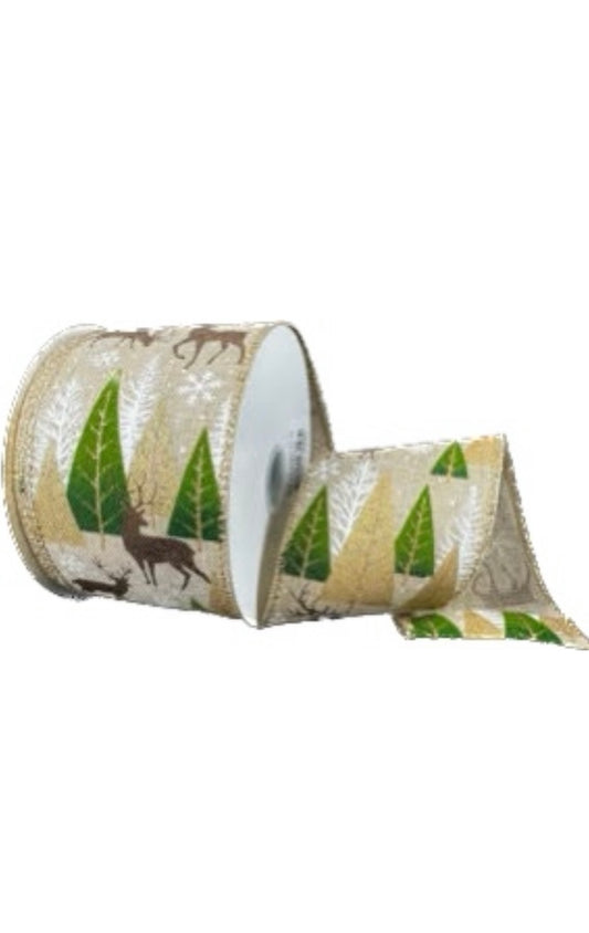 Wired Natural Linen Gold Moss Trees and Deer Ribbon- 2.5”x10 Yards