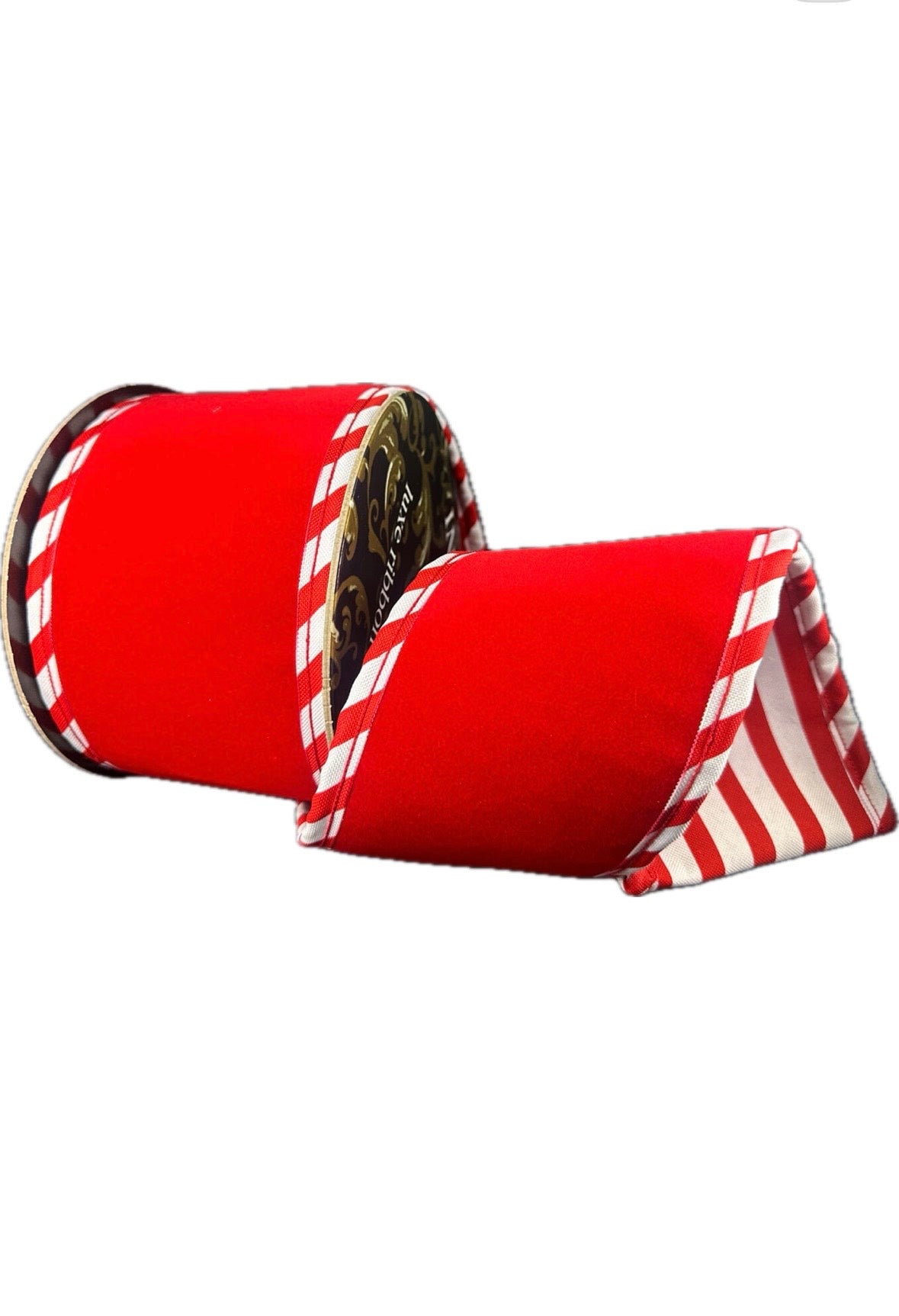 Wired Thick Flat Red Velvet/White- Red Cabana Stripe Ribbon- 4”x5” Yards