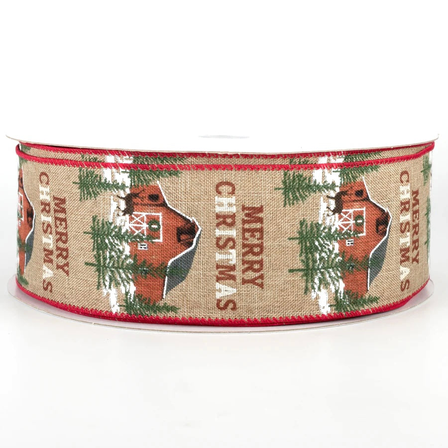 50 Yards - 2.5” Natural Background Merry Christmas Barn Ribbon