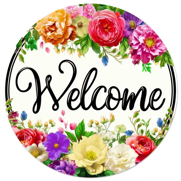 12” Round Metal Floral Welcome Wreath Sign