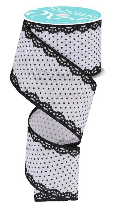 Wired White and Black Swiss Dot Ribbon with Black Lace Detail-2.5”x10 Yards