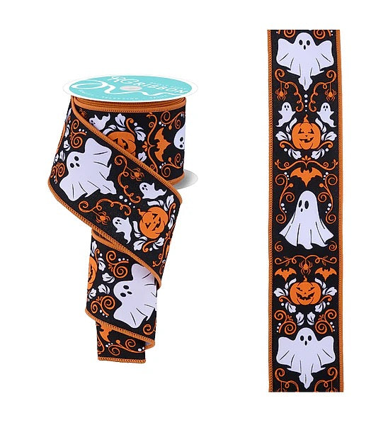 Wired Halloween Ghost and Pumpkin Ribbon- 2.5”x10 Yards