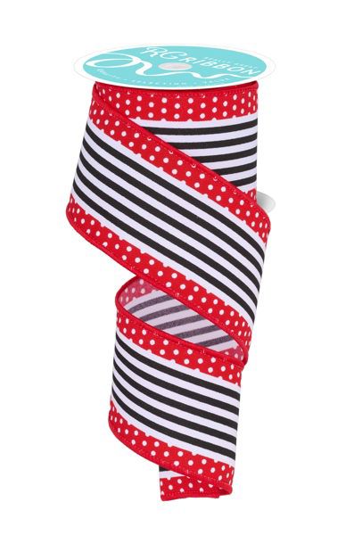 10 Yards - 2.5" Wired Patriotic Blue and White Stripes with Polka Dots Ribbon