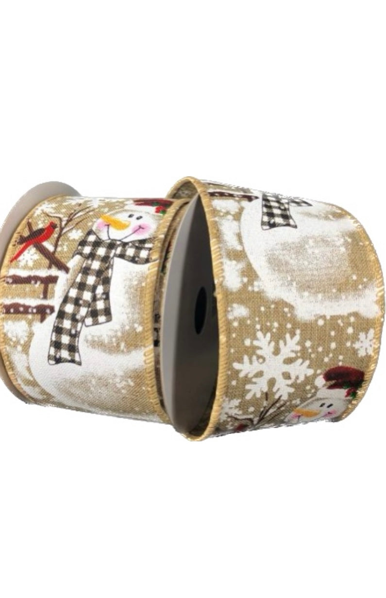 10 Yards - 2.5” Wired Natural Background Snowman with Buffalo Check Ribbon