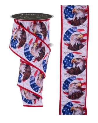 10 Yards - 2.5” Bald Eagle and Flag Patriotic Stripe Ribbon