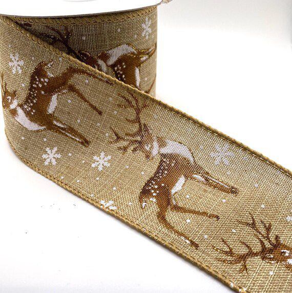 10 Yards - 2.5" Wired Natural with Deer and Snowflake Ribbon