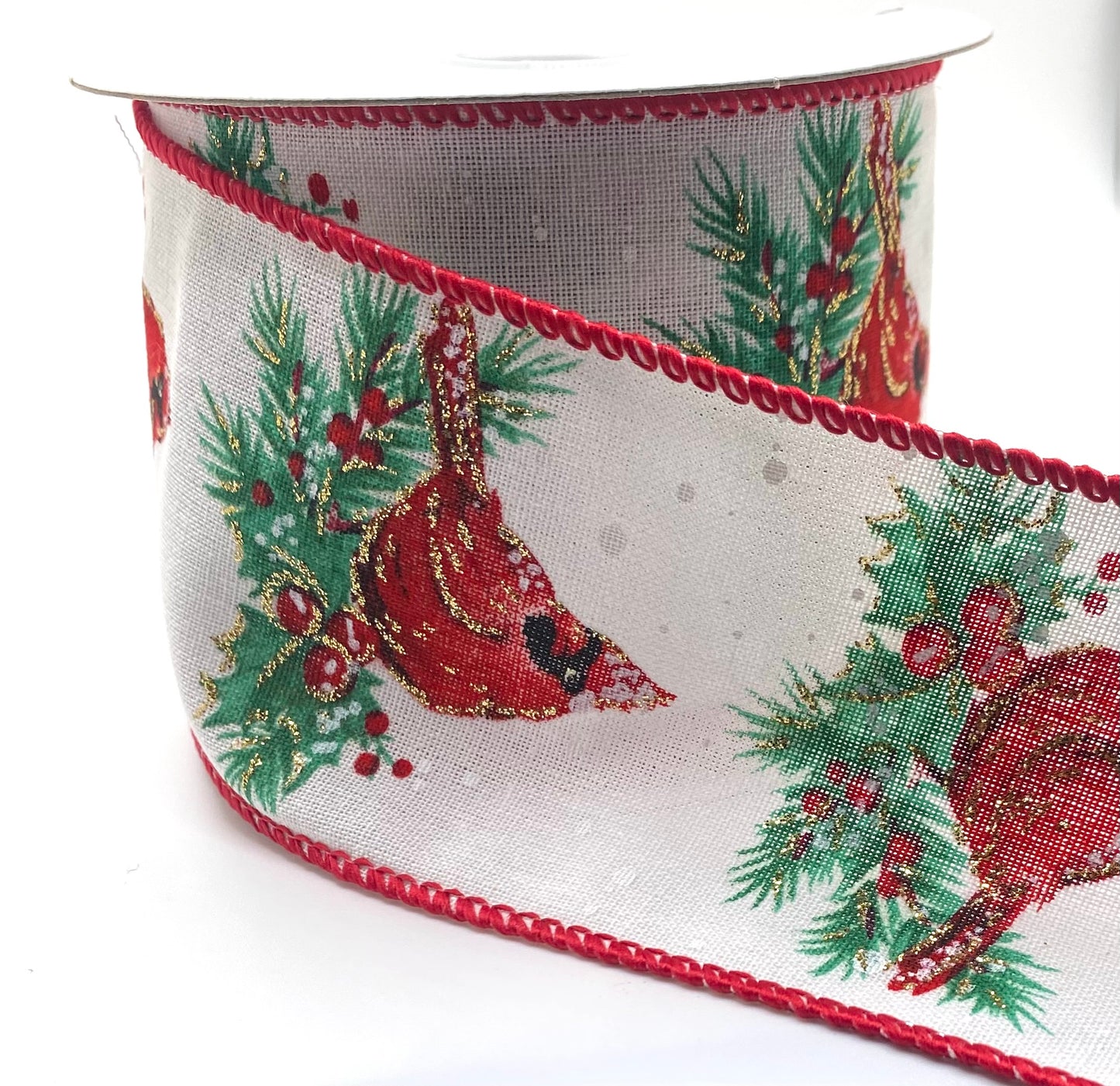 10 Yards - 2.5" Wired White Background Red Cardinal Pine Berry Winter Ribbon