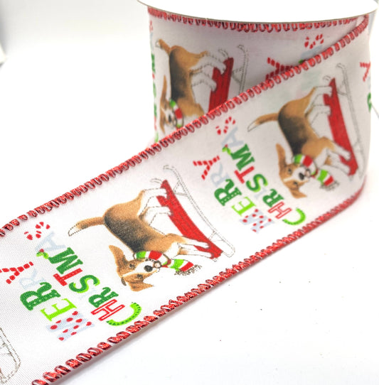 10 Yards - 2.5” Wired Satin Merry Christmas Puppies on Sleds Ribbon