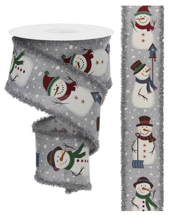 10 Yards - 2.5” Wired Gray Background Winter Snowman Ribbon with Tinsel Edge