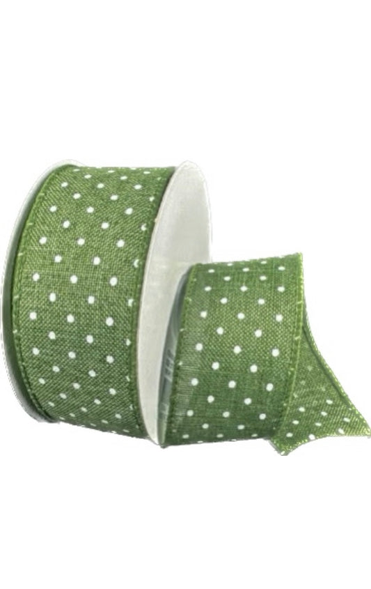Wired Fern Green Linen Swiss Dot Ribbon- 1.5”x10 Yards