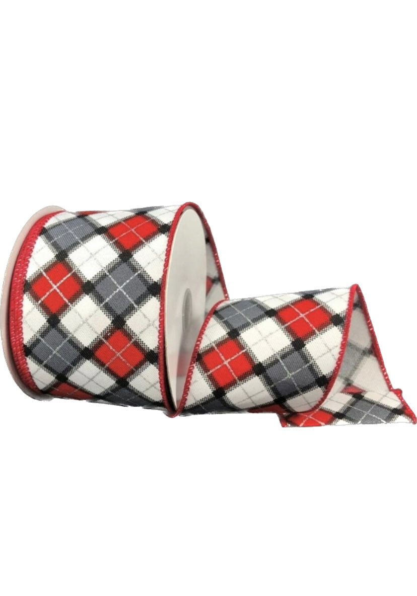 10 Yards - 2.5” Wired Red, Gray, and White Diamond Plaid Christmas Ribbon with Silver Glitter