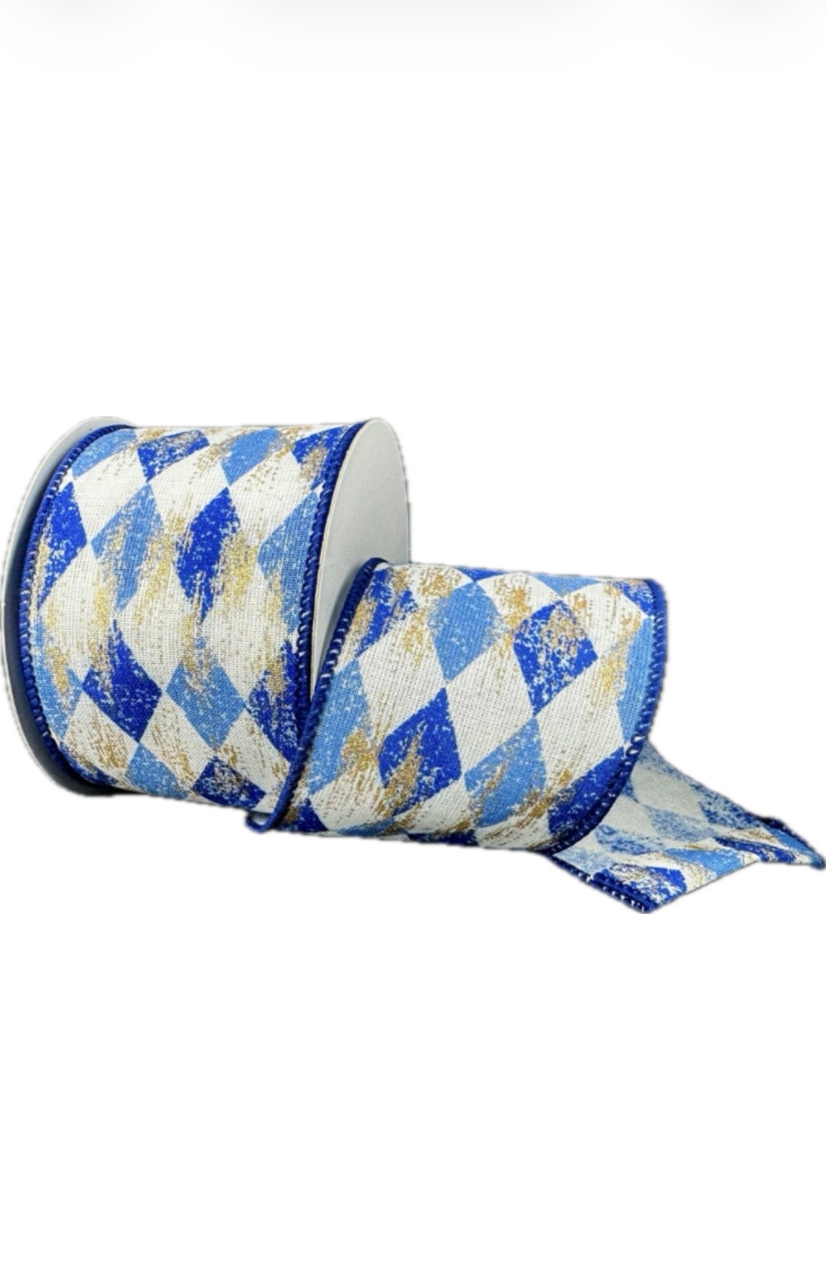 Wired White, Blue, and Gold  Harlequin Ribbon - Christmas Ribbon- 2.5”x10 Yards