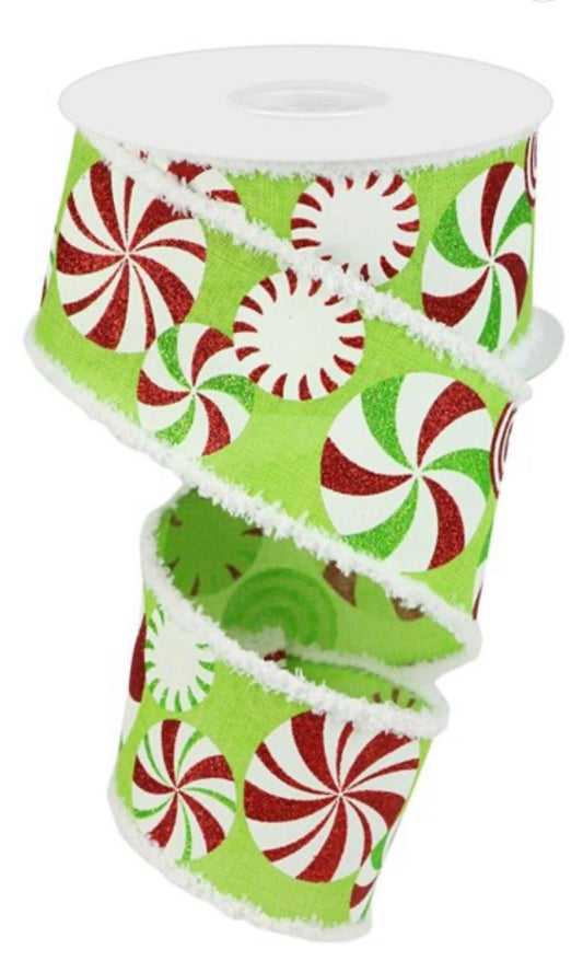 10 Yards - 2.5” Wired Peppermint Candy with Snowdrift Edge Christmas Ribbon