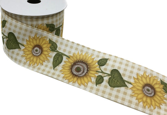 10 Yards - 2.5” Wired Cream and White Check Sunflower Ribbon