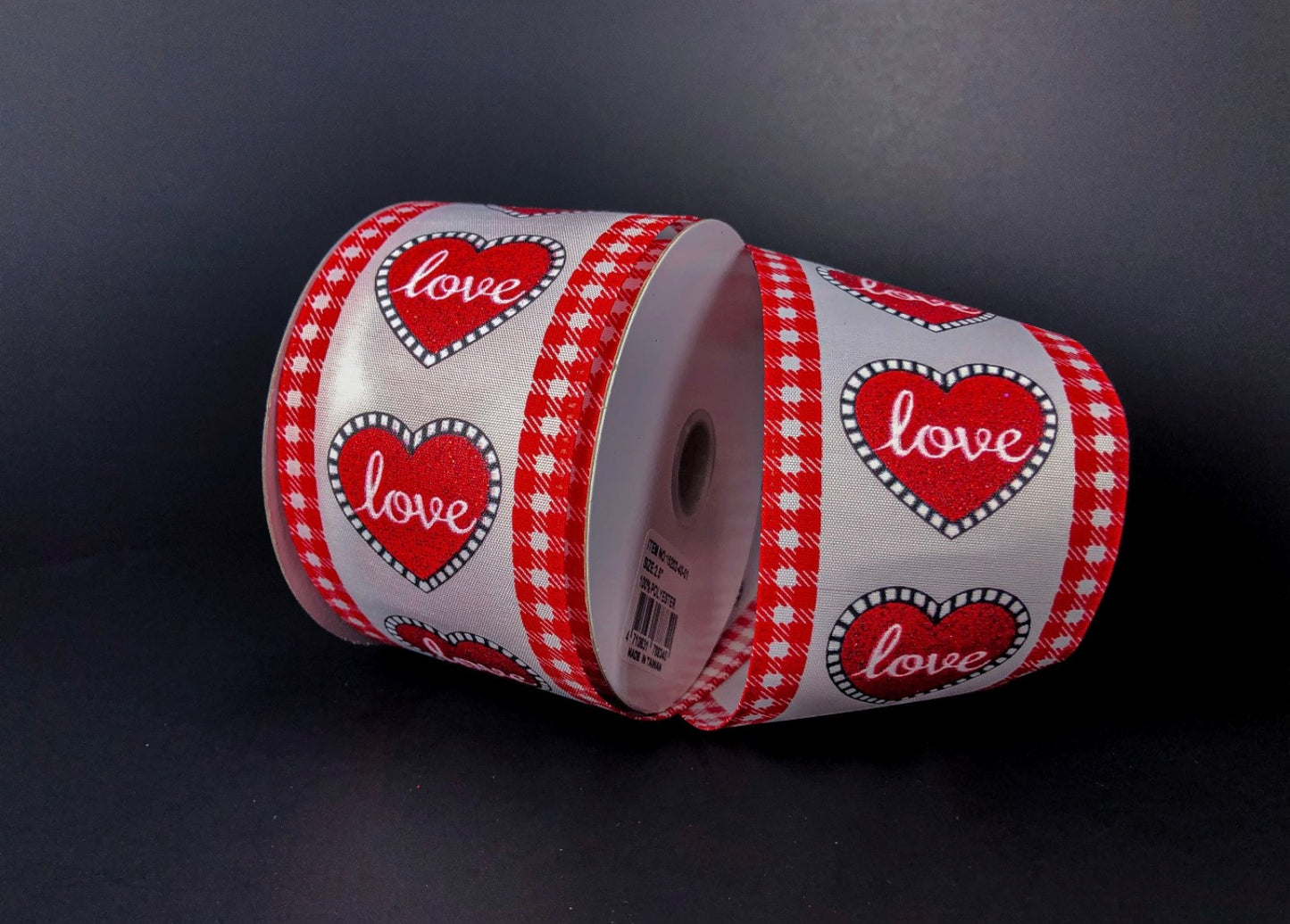 10 Yards - 2.5” Wired White Background Valentine Love Heart Ribbon with Red and White Gingham Edge and Glitter Accent