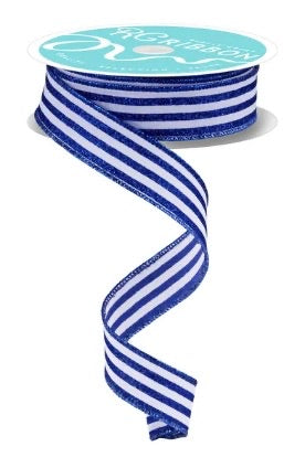 Wired Blue and White Vertical Stripe Glitter Accent Ribbon- 7/8”x10 Yards