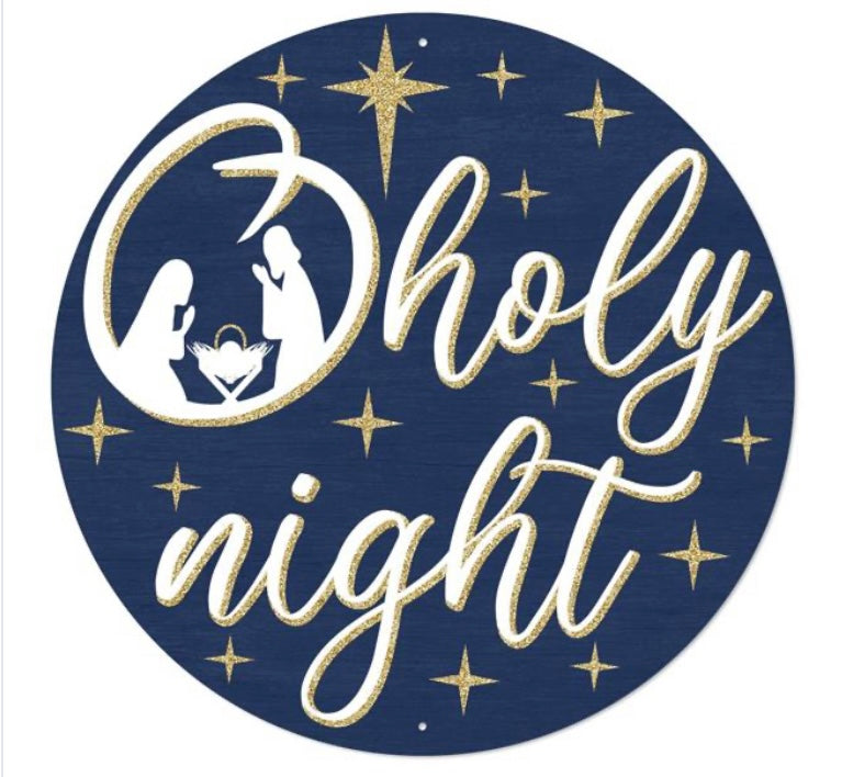 12" Round Metal O Holy Night Wreath Sign