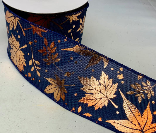 Wired Navy Blue with Foil Fall Leaves Ribbon- 2.5”x10 Yards