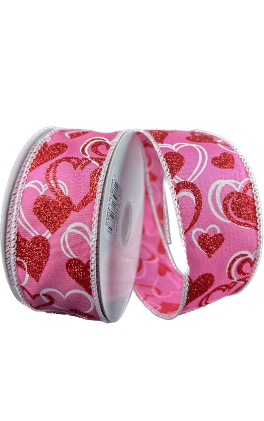 Wired Pink Satin Red Hearts Valentines Day Ribbon- 1.5”x10 Yards