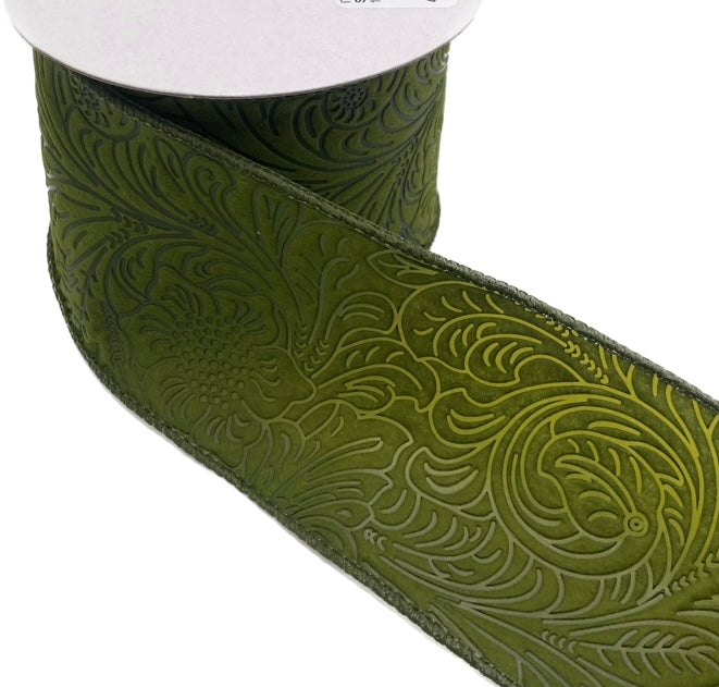 10 Yards - 2.5" Wired Olive Moss Green Floral Design Embossed Ribbon