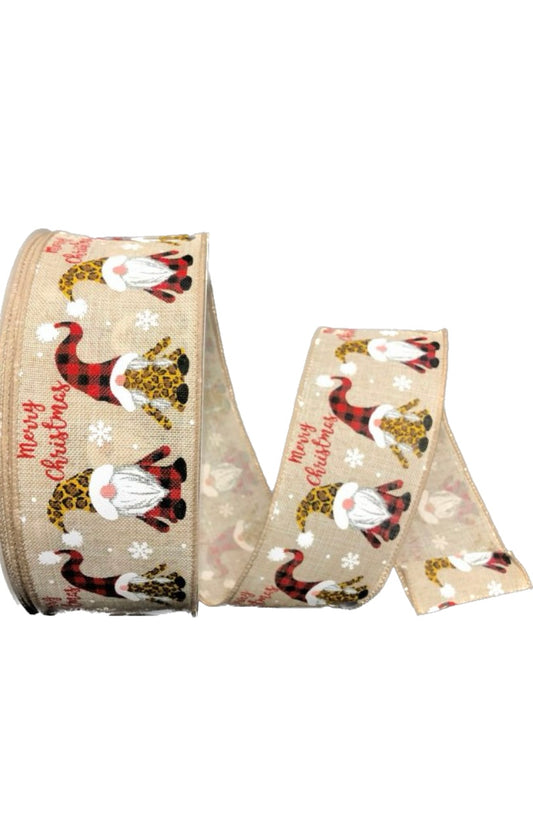 50 Yards - 2.5” Natural Background Merry Christmas Gnome Ribbon