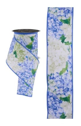 Wired Blue and White Hydrangeas Ribbon- 2.5”x10 Yards