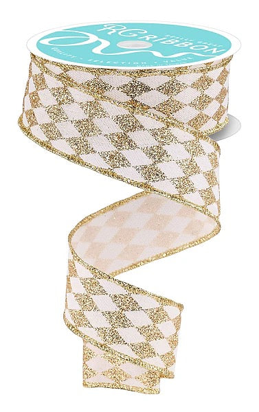 Wired Cream and Gold Harlequin Ribbon- 1.5”x10 Yards