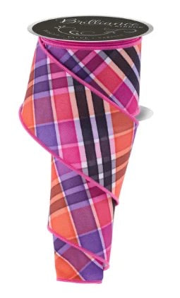 Wired Pink, Black, Purple, Orange, and White Plaid Ribbon- 2.5” x10 Yards
