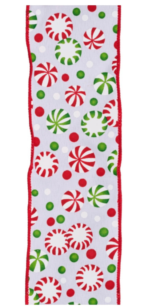 10 Yards - 2.5” Wired Polka Dot Peppermint Swirl Christmas Ribbon